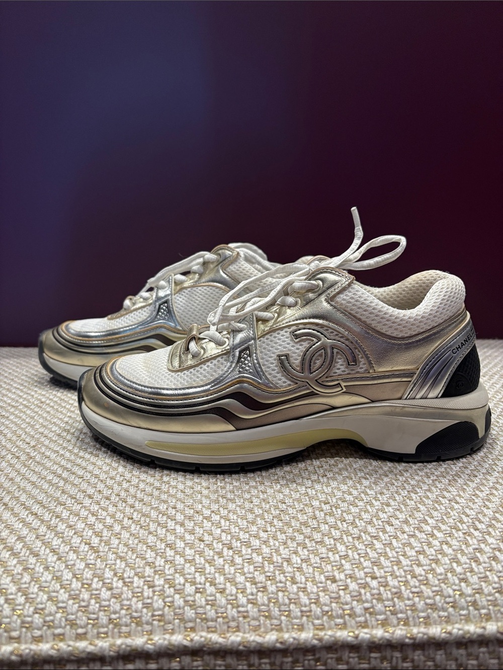 CHANEL Cream and Metallic Silver Low-Top Sneakers